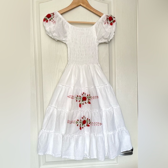 Boho Floral Embroidered Smocked Tiered Midi Dress Mexican Peasant Cottagecore - Picture 2 of 15